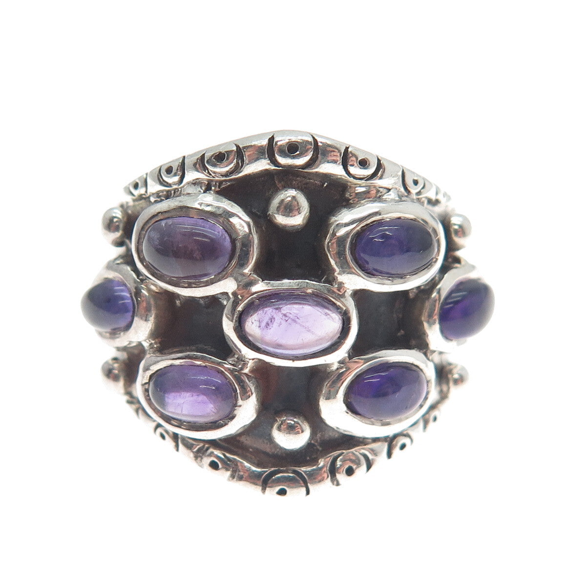 925 Sterling Silver Vintage Real Amethyst Modernist Oxidized Ring Size 6