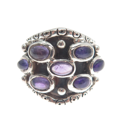925 Sterling Silver Vintage Real Amethyst Modernist Oxidized Ring Size 6