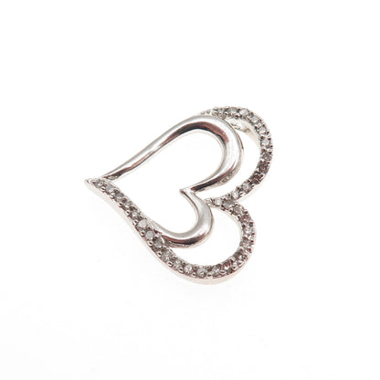 SUN 925 Sterling Silver Real Round-Cut Diamond Heart Mini Slide Charm Pendant