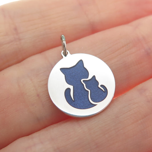 925 Sterling Silver Purple Enamel Cat Mom & Child Minimalist Charm Pendant
