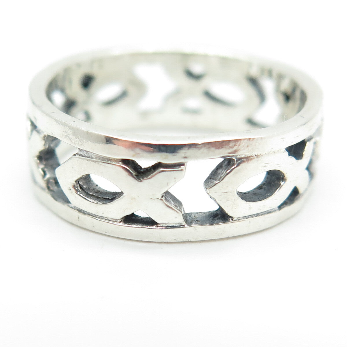 925 Sterling Silver Vintage Ichthys All Around Religious Band Ring Size 8.25