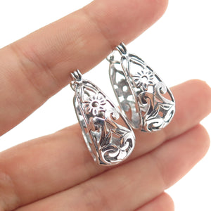 925 Sterling Silver Vintage Flower Oxidized Hoop Earrings