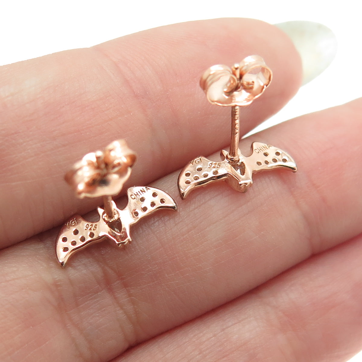 925 Sterling Silver Rose Gold Plated Round & Pear-Cut C Z Bat Stud Earrings