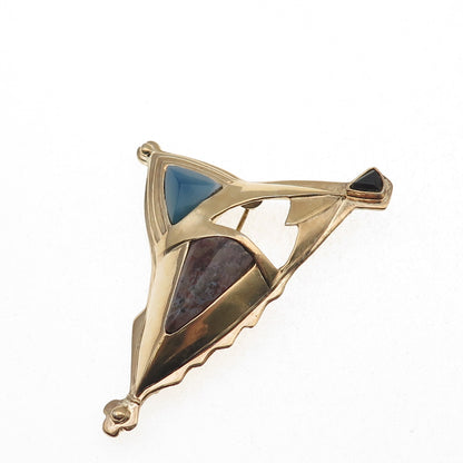 925 Sterling Silver Gold Plated Vintage Real Agate & Onyx Modernist Pin Brooch