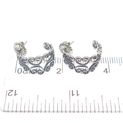 925 Sterling Silver Vintage Heart Ornate Oxidized Hoop Earrings