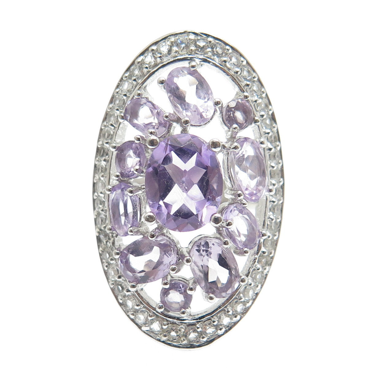 925 Sterling Silver Real Amethyst & White Topaz Cluster Ring Size 7