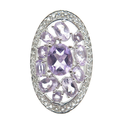 925 Sterling Silver Real Amethyst & White Topaz Cluster Ring Size 7