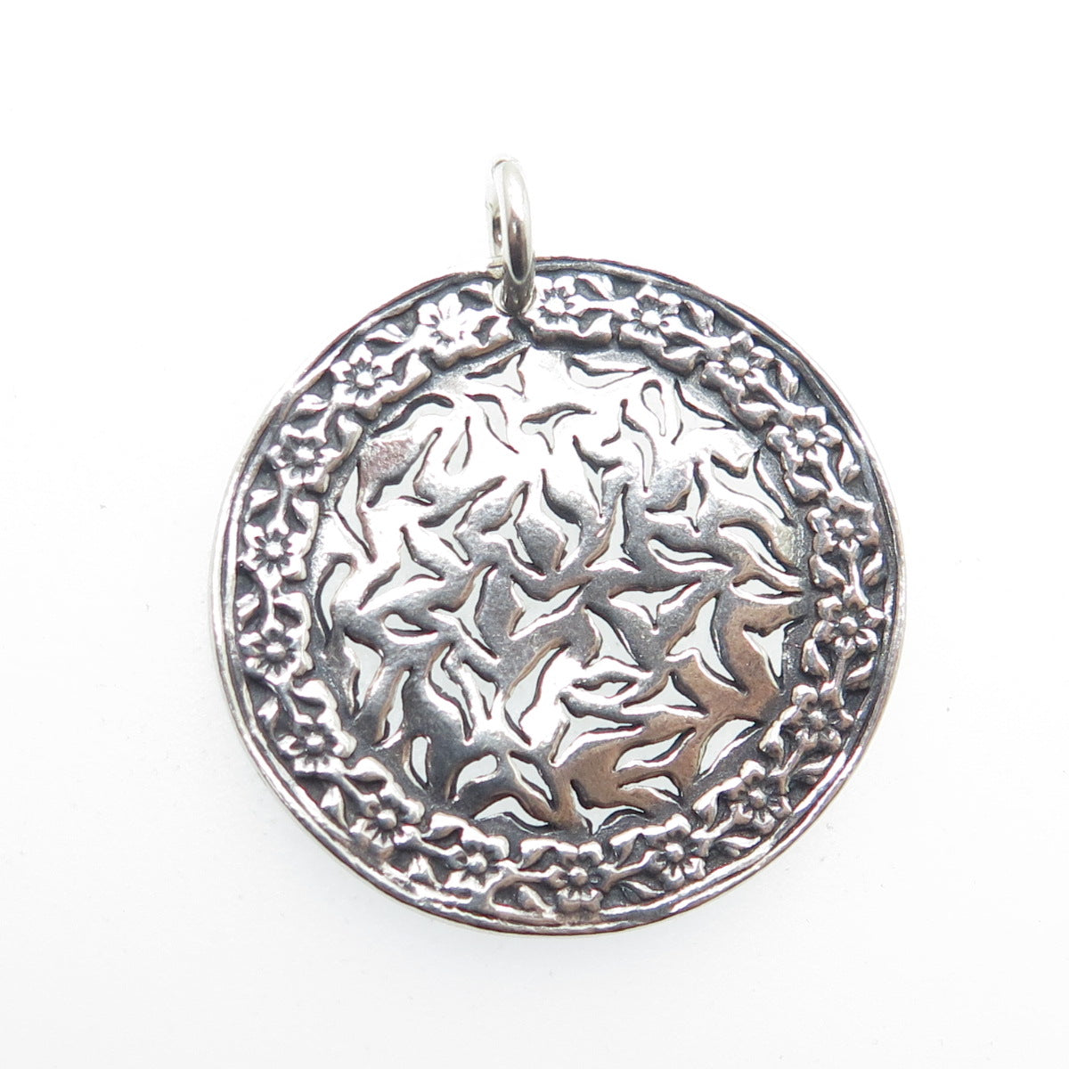 SILPADA Sterling Silver Vintage Israel Birds & Flowers Round Oxidized Pendant