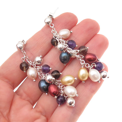 925 Sterling Silver Vintage Real Pearl Amethyst Smoky Quartz Dangle Earrings