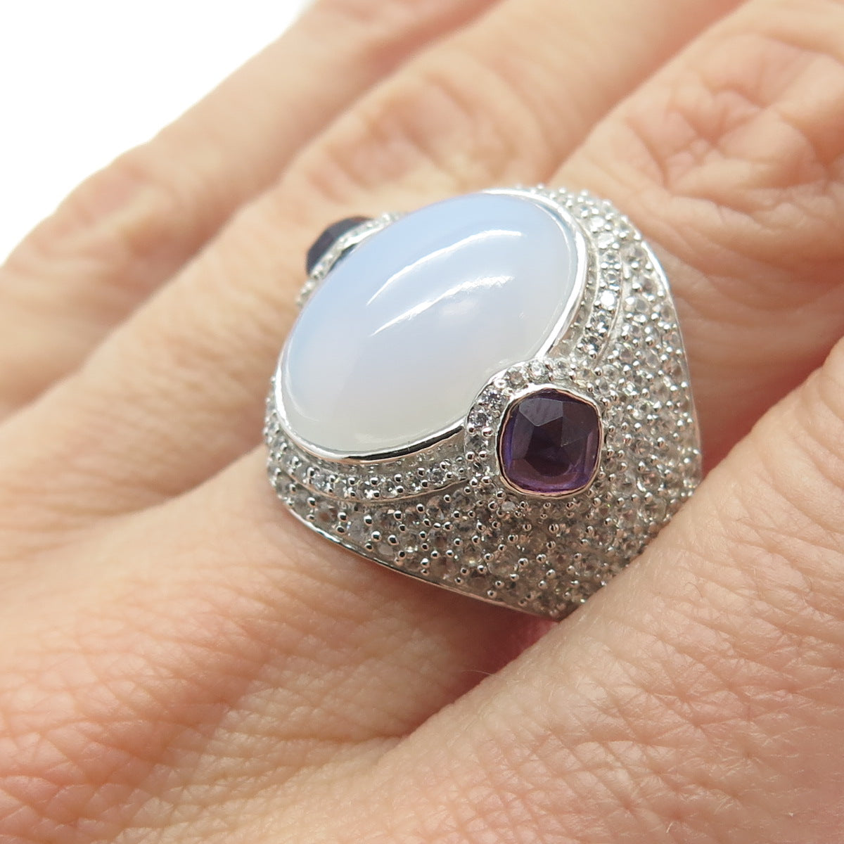 925 Sterling Silver Real Chalcedony Amethyst & White Topaz Ring Size 8.25