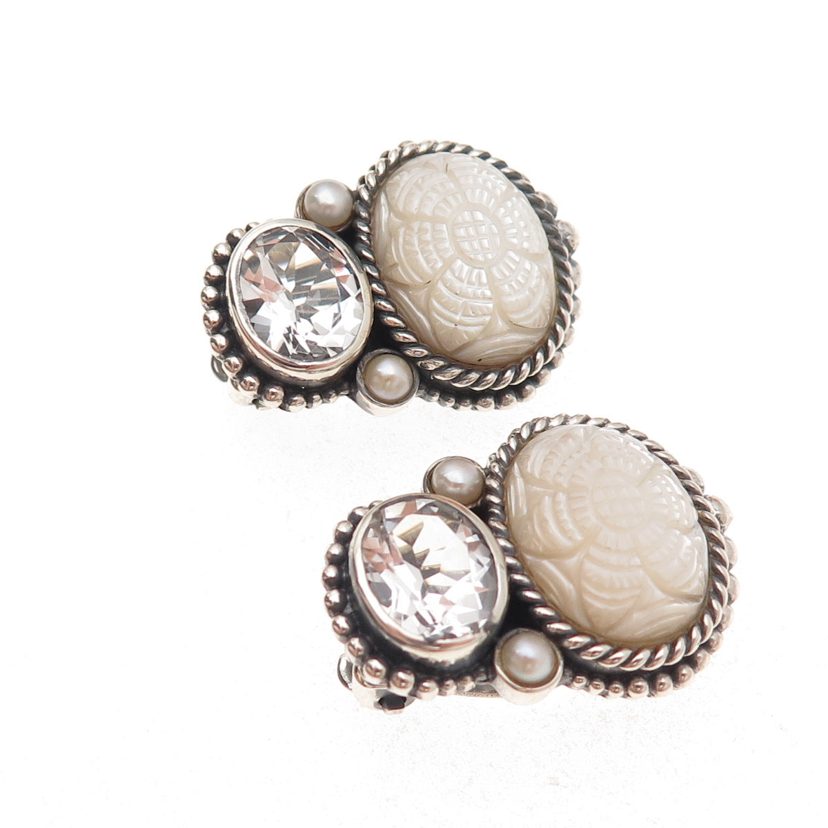 Stephen Dweck 925 Sterling Silver Vintage Real MOP Pearl Quartz Clip On Earrings
