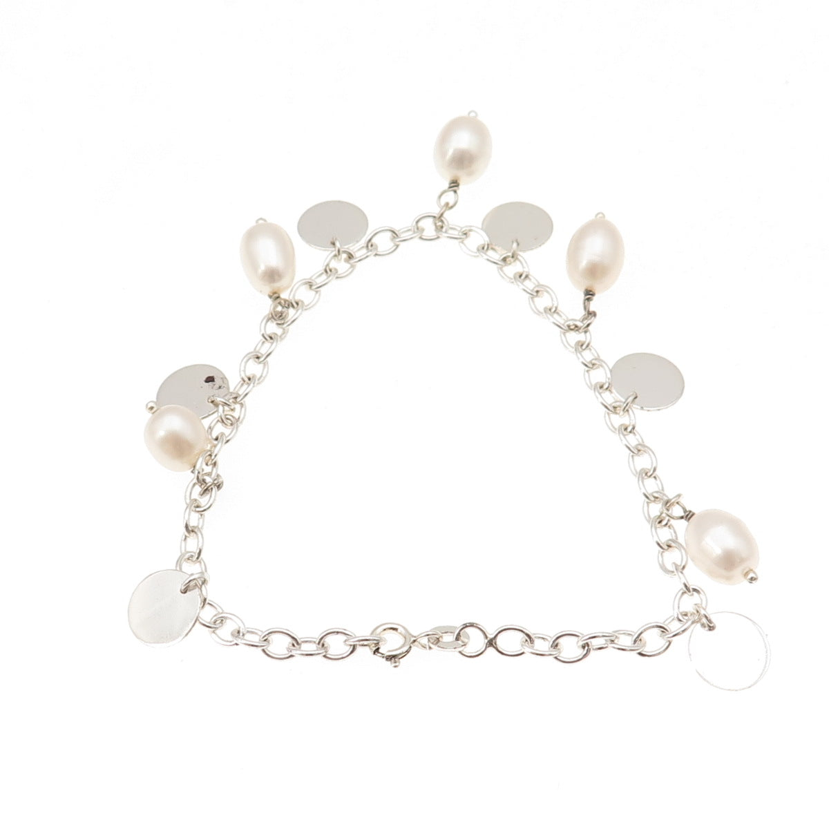 925 Sterling Silver Real Pearl Dangle Disc Charm Cable Link Bracelet 7"