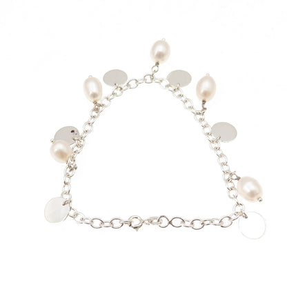 925 Sterling Silver Real Pearl Dangle Disc Charm Cable Link Bracelet 7"