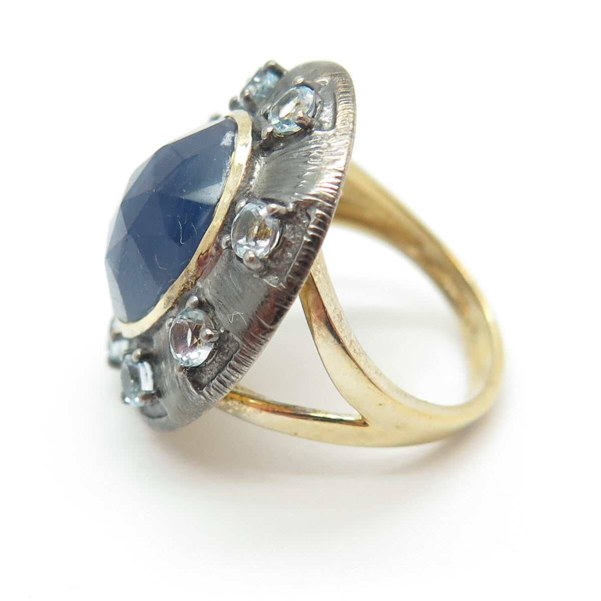 DSMK 925 Sterling Silver Gold Plated Real Sapphire Topaz Oxidized Ring Size 7.25