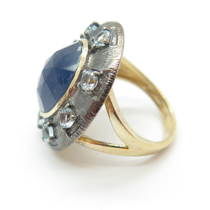 DSMK 925 Sterling Silver Gold Plated Real Sapphire Topaz Oxidized Ring Size 7.25