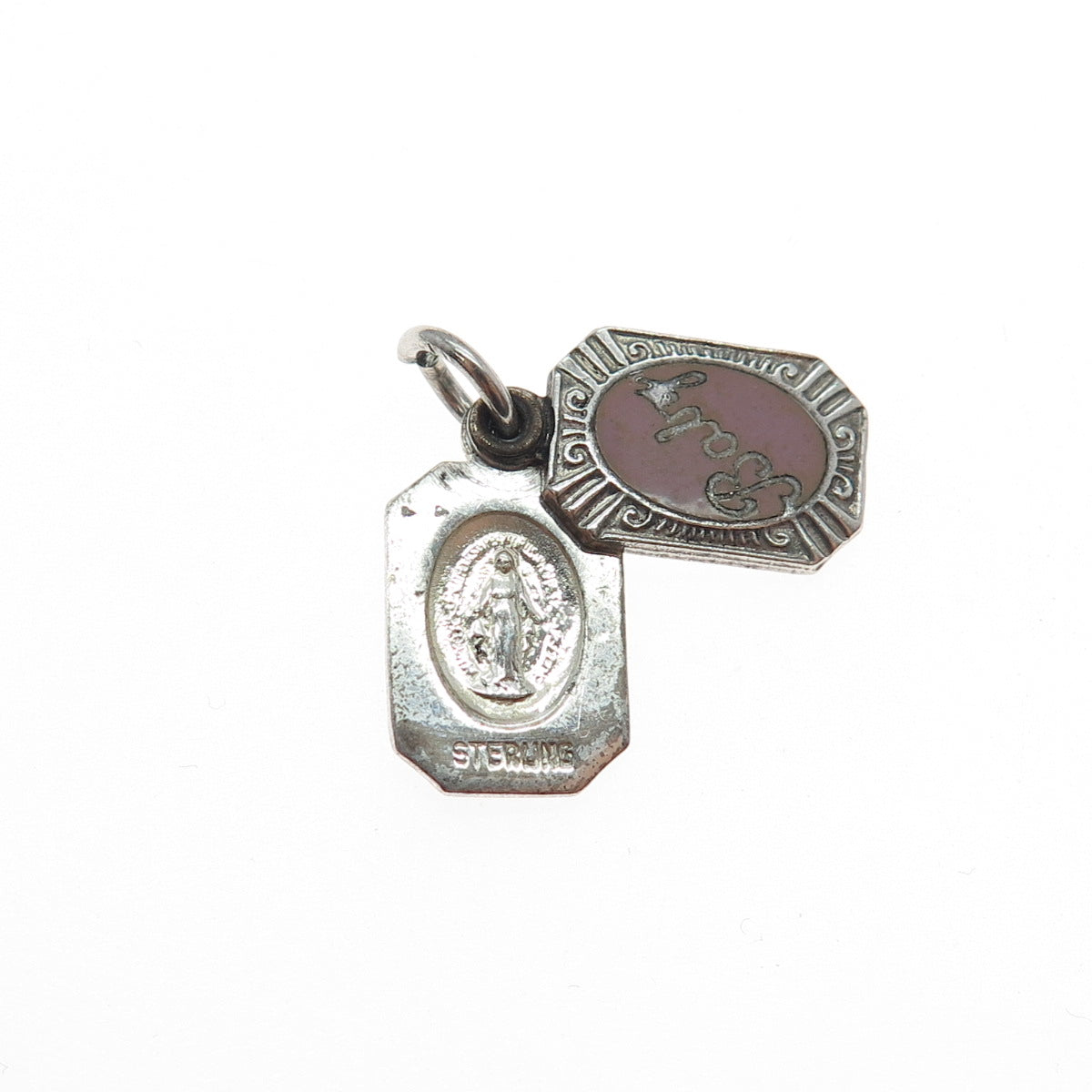925 Sterling Silver Antique Enamel St. Mary Religious Baby Slide Mini Pendant