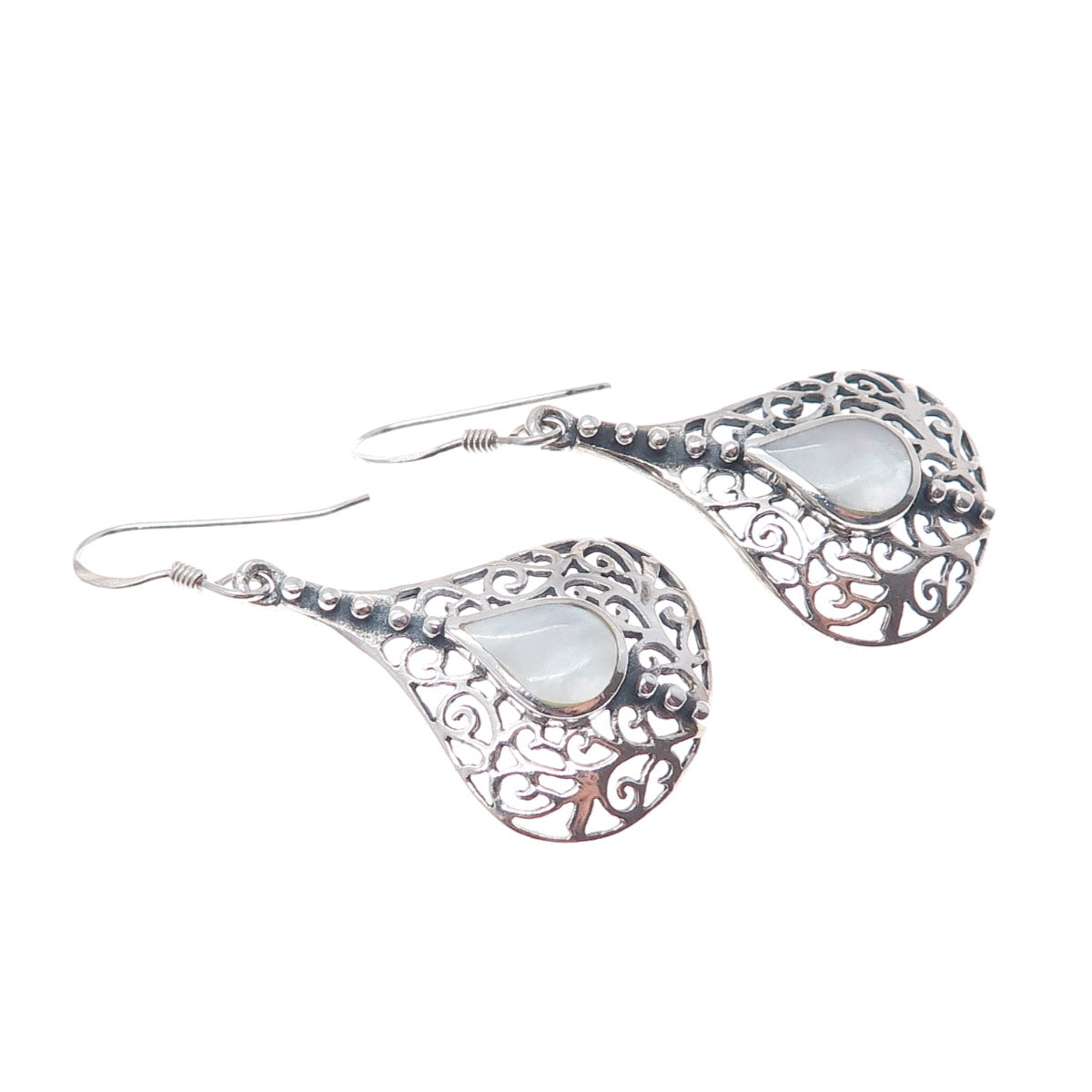 925 Sterling Silver Vintage Real MOP Ornate Oxidized Dangle Earrings