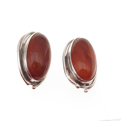 925 Sterling Silver Vintage Real Amber Modernist Clip On Earrings