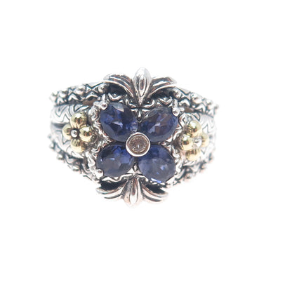 BARBARA BIXBY 18K Gold Sterling Silver Real White Topaz & Iolite Ring Size 8.25
