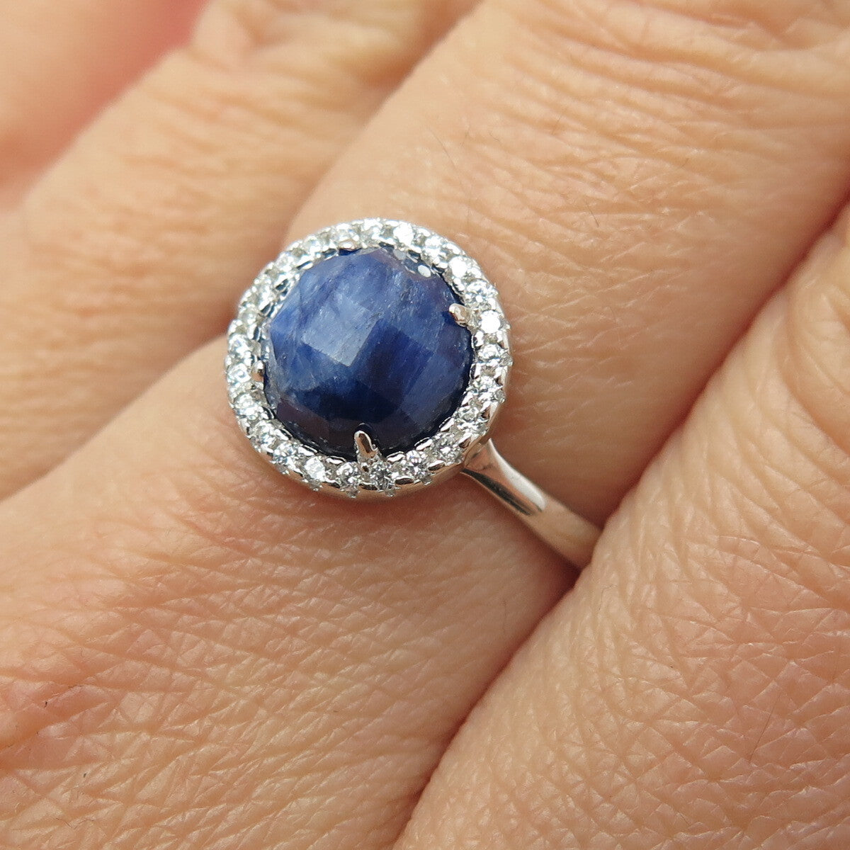 FELIX2 925 Sterling Silver Real Round-Cut Sapphire & C Z Ring Size 8