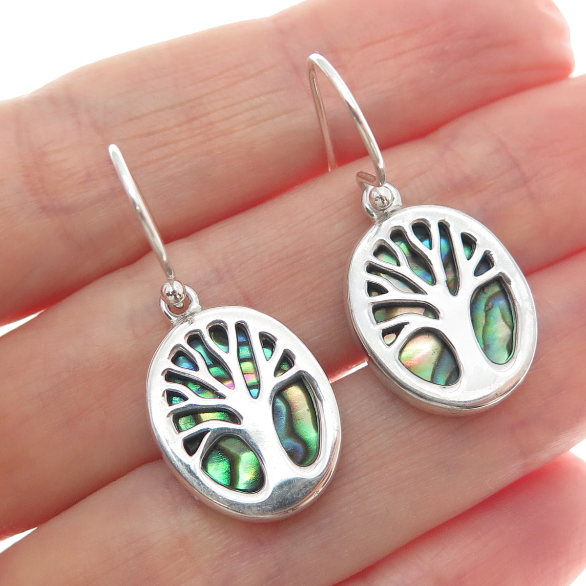925 Sterling Silver Real Abalone Shell Tree of Life Dangle Earrings