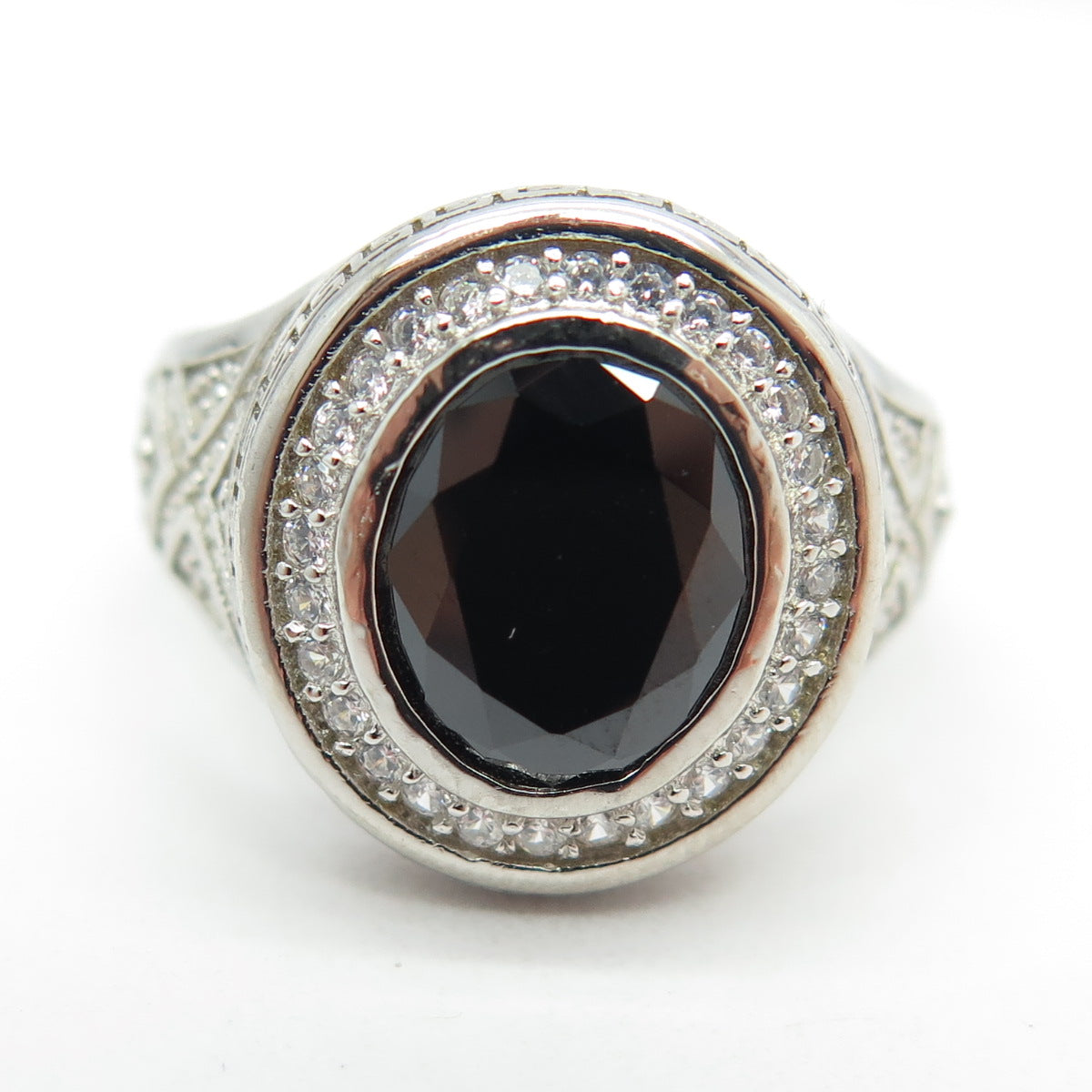 925 Sterling Silver Real Black Spinel & C Z Greek Maze Ring Size 8.5