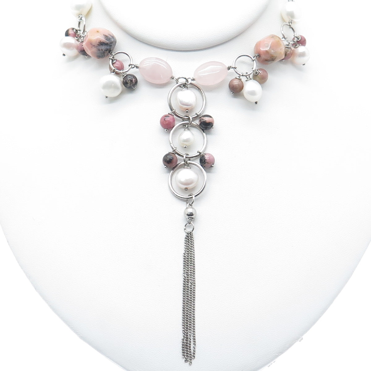 925 Sterling Silver Vintage Real Pearl Quartz & Rhodonite Tassel Necklace 16-18"
