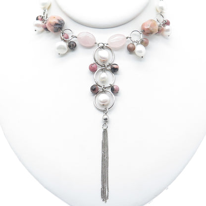 925 Sterling Silver Vintage Real Pearl Quartz & Rhodonite Tassel Necklace 16-18"