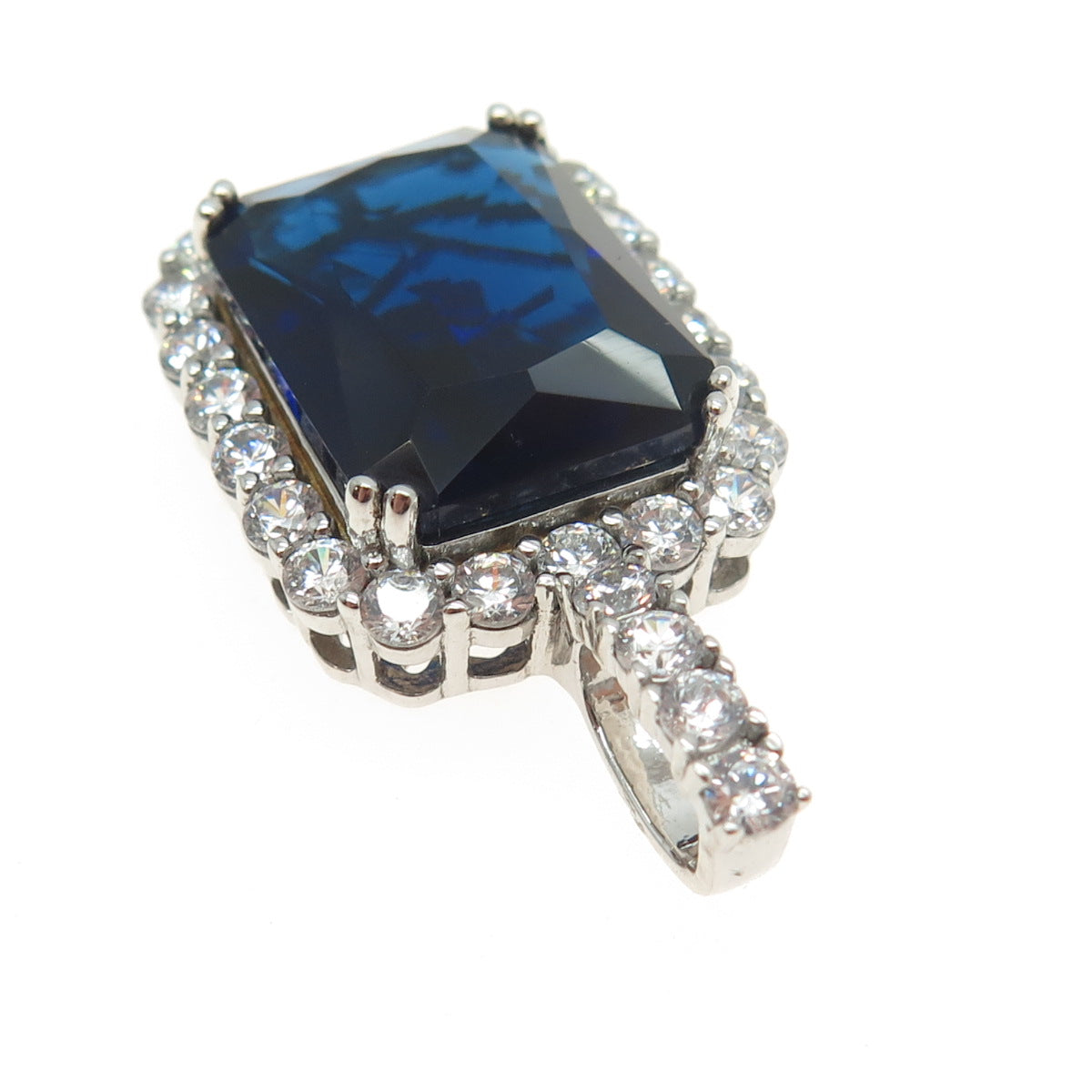 925 Sterling Silver Radiant-Cut Blue Glass & Round-Cut C Z Pendant