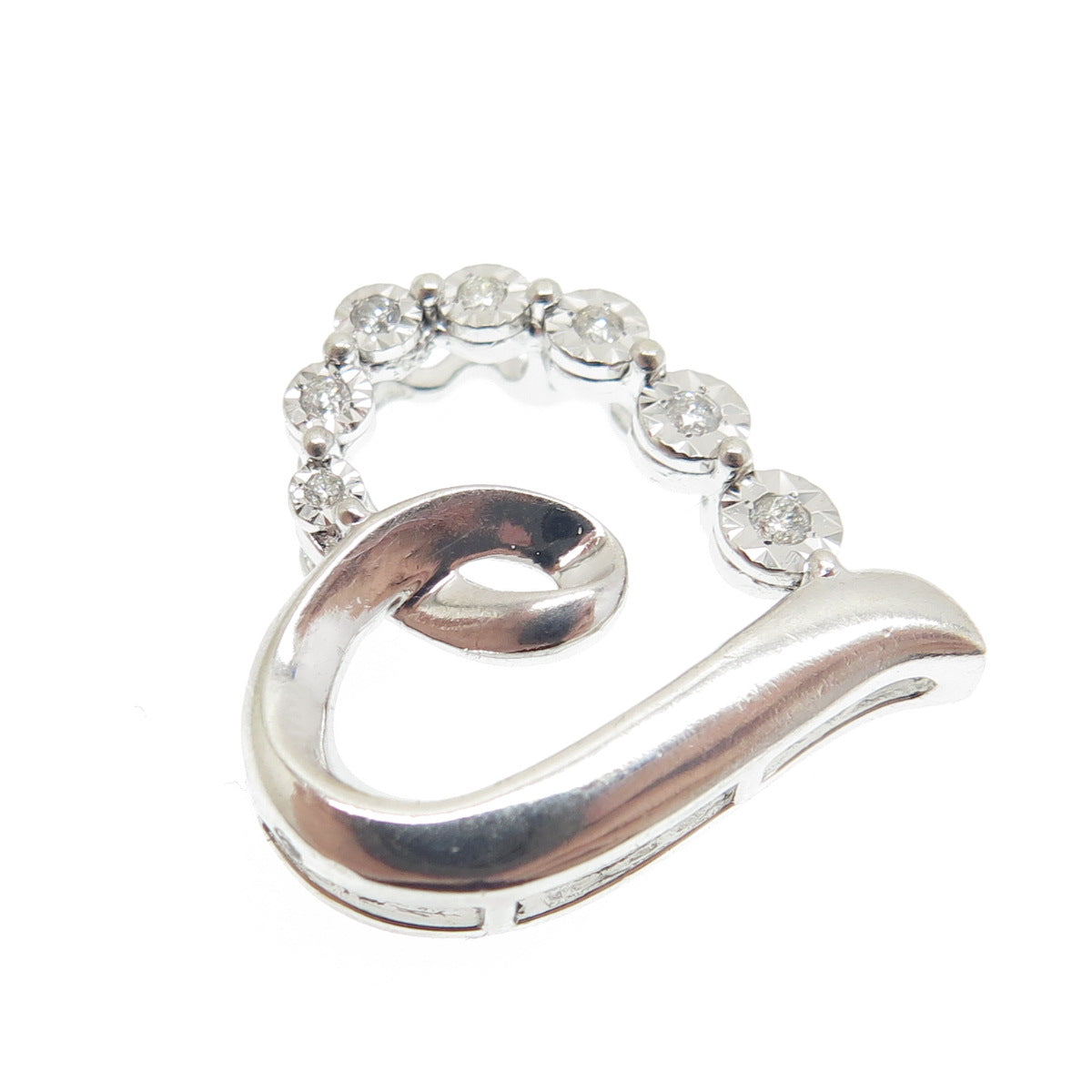 925 Sterling Silver Real Round-Cut Diamond Heart Slide Pendant