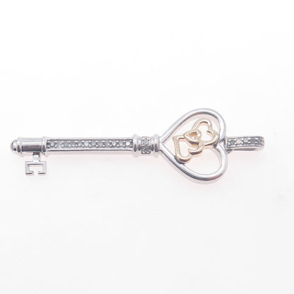 925 Sterling Silver 14K Gold Real Diamond Couple Heart Key Charm Pendant