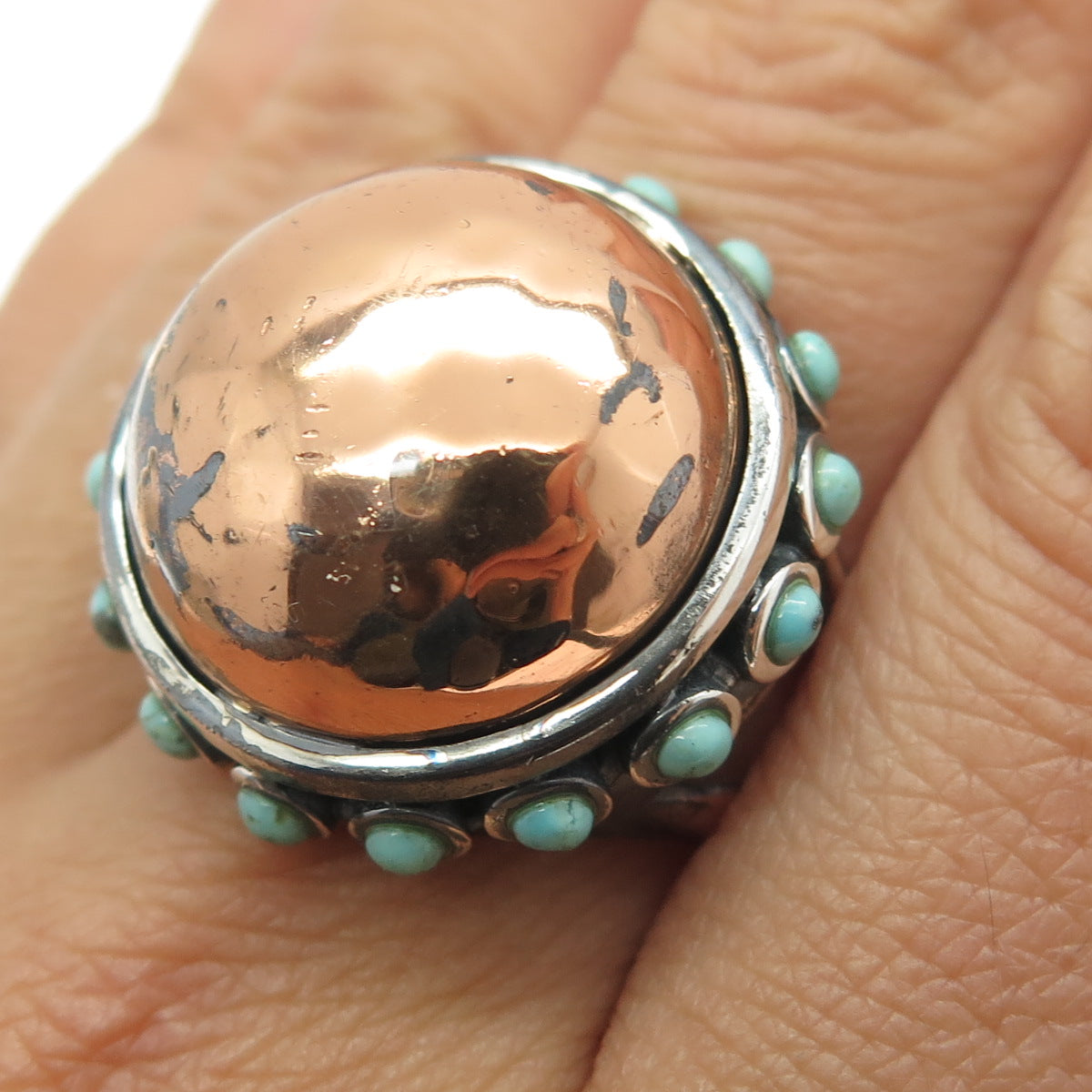 BARSE 925 Sterling Silver 2-Tone Vintage Real Turquoise Dome Ring Size 9.75