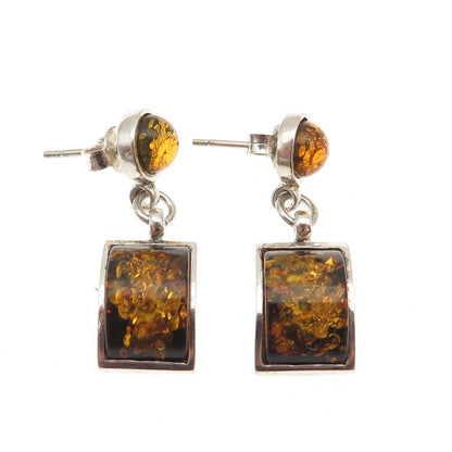 925 Sterling Silver Vintage Real Amber Modernist Dangle Earrings