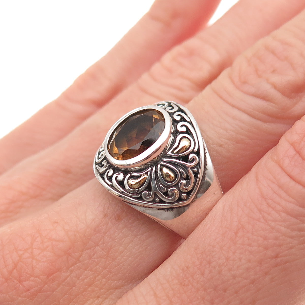 Samuel Benham Sterling Silver 18K Gold Vintage Real Citrine Oxidized Ring Size 8