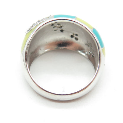 925 Sterling Silver Yellow & Blue Enamel Round-Cut C Z Floral Dome Ring Size 8