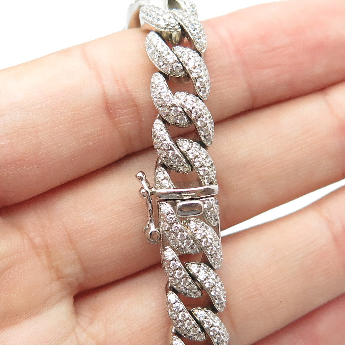 925 Sterling Silver White C Z Curb Link Bracelet 7"