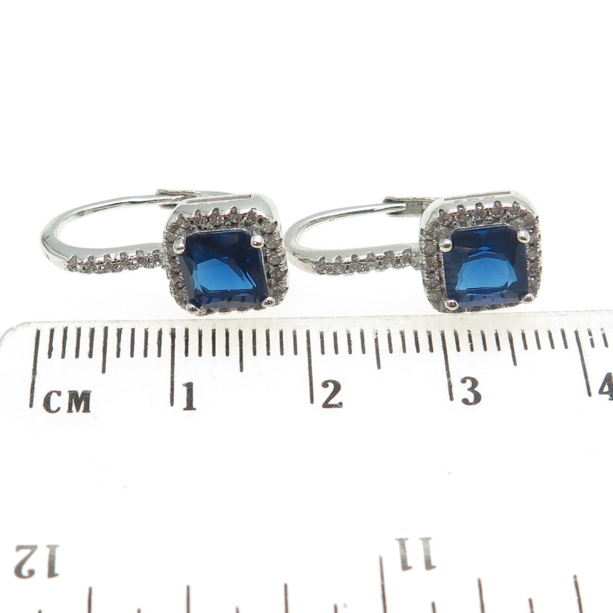 925 Sterling Silver Princess & Round-Cut Blue White C Z Cushion Earrings