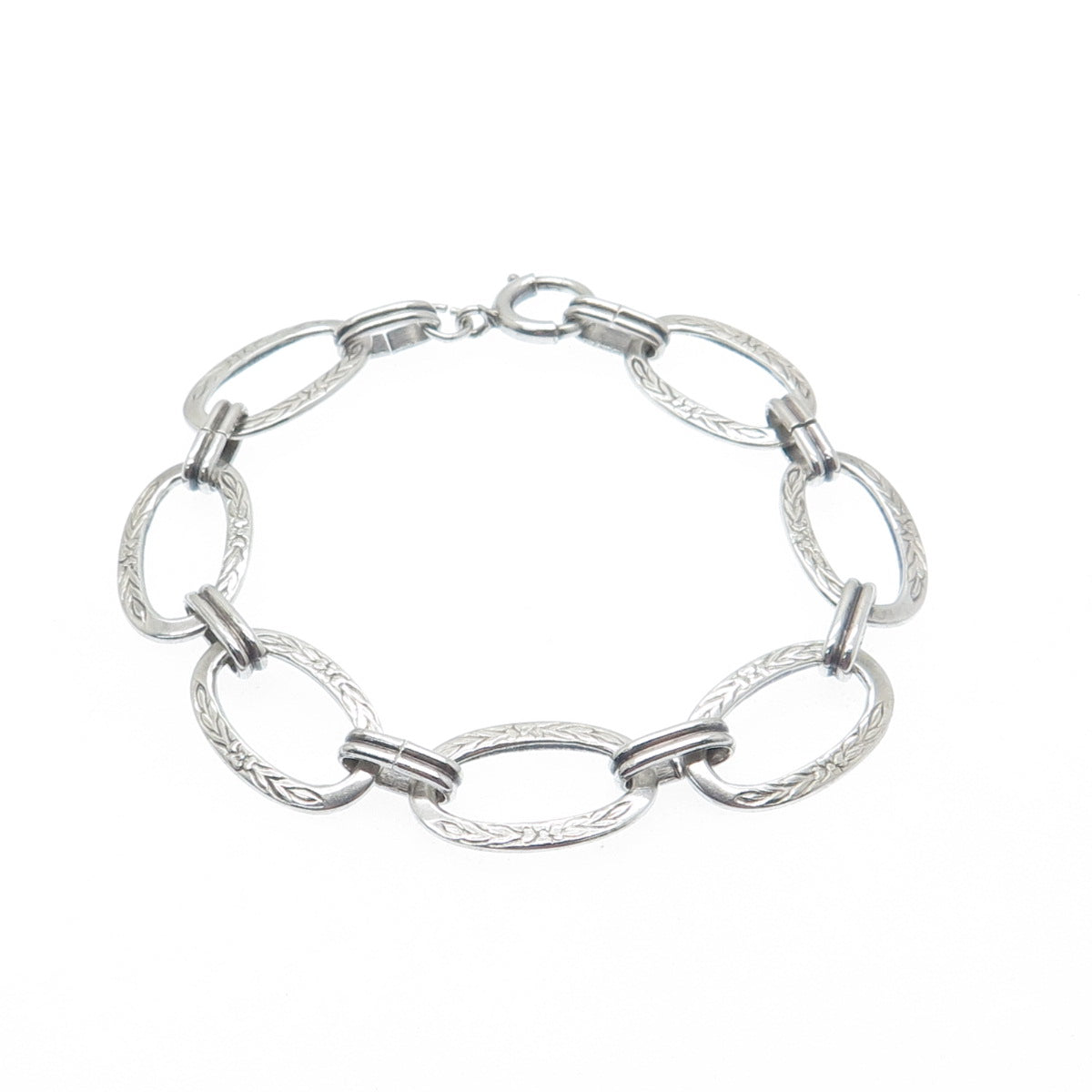 925 Sterling Silver Antique Art Deco Engraved Flower Oval Link Bracelet 6.75"