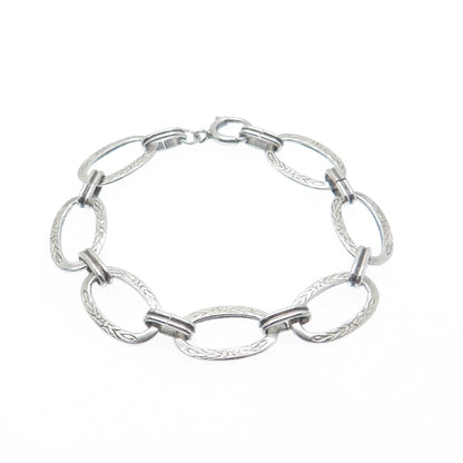 925 Sterling Silver Antique Art Deco Engraved Flower Oval Link Bracelet 6.75"