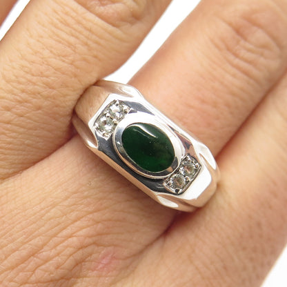 925 Sterling Silver Real White Topaz Gemstone & Green Enamel Ring Size 10