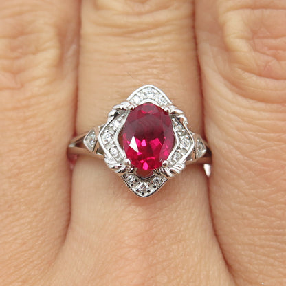 925 Sterling Silver Lab-Created Ruby & C Z Ring Size 7