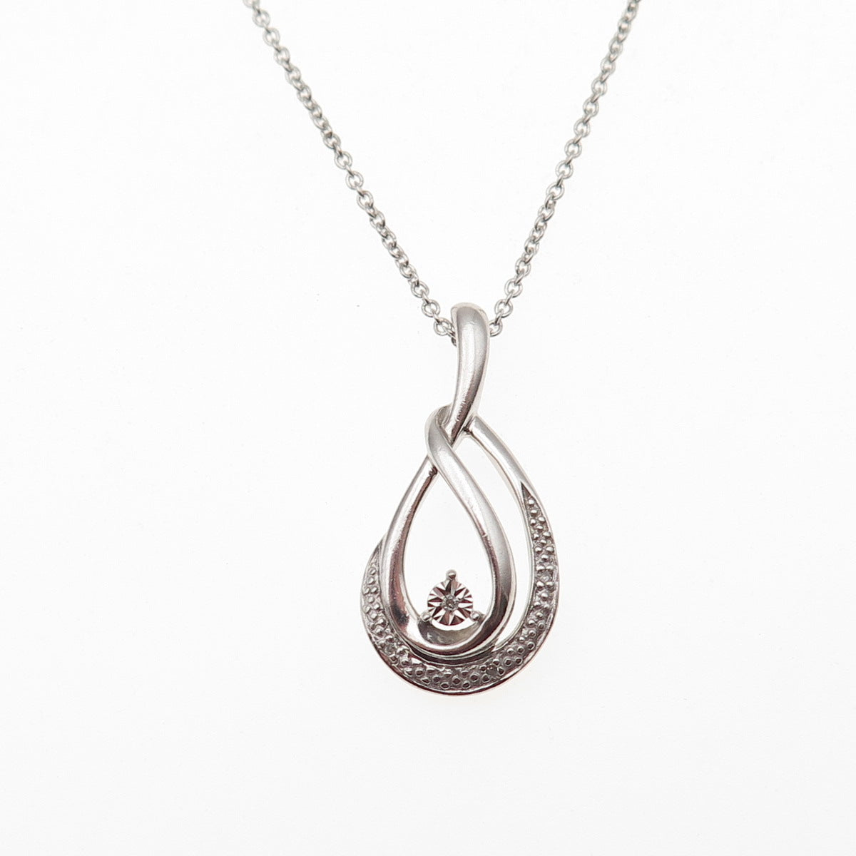 925 Sterling Silver Real Round-Cut Diamond Teardrop Cable Chain Necklace 18"