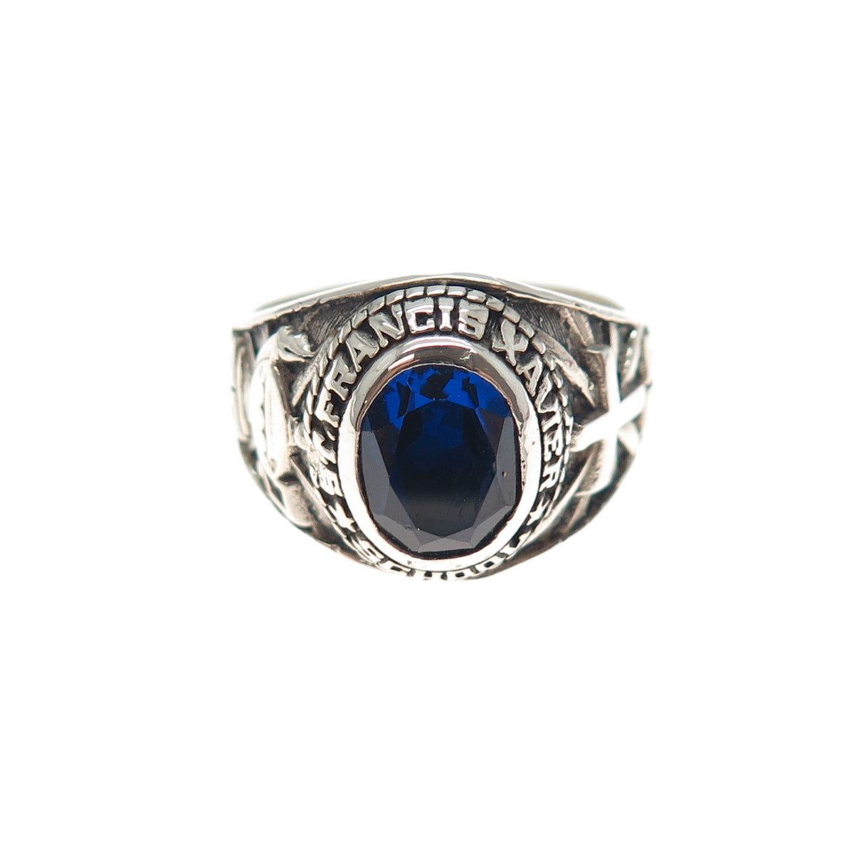 925 Sterling Vintage 2002 Lab-Created Sapphire F. Xavier School Ring Size 8.75