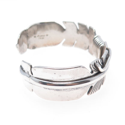 Mike Thomas Jr Navajo Old Pawn Sterling Silver Feather Adjustable Bracelet 7.75"