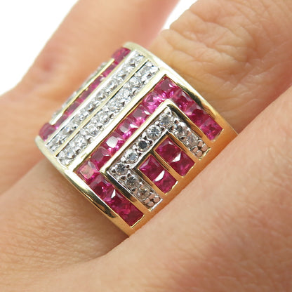 PADI 925 Sterling Silver Gold Plated Lab-Created Pink Sapphire & C Z Ring Size 6