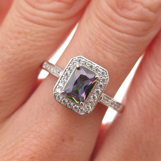 925 Sterling Silver Real Mystic Quartz & C Z Ring Size 8