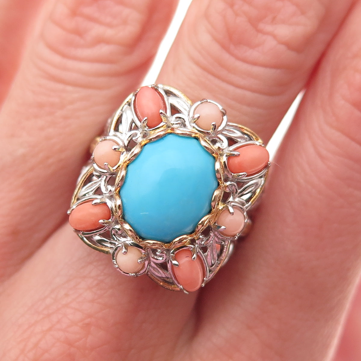 Michael Valitutti Gems En Vogue 925 Sterling Turquoise & Coral Ring Size 8.25