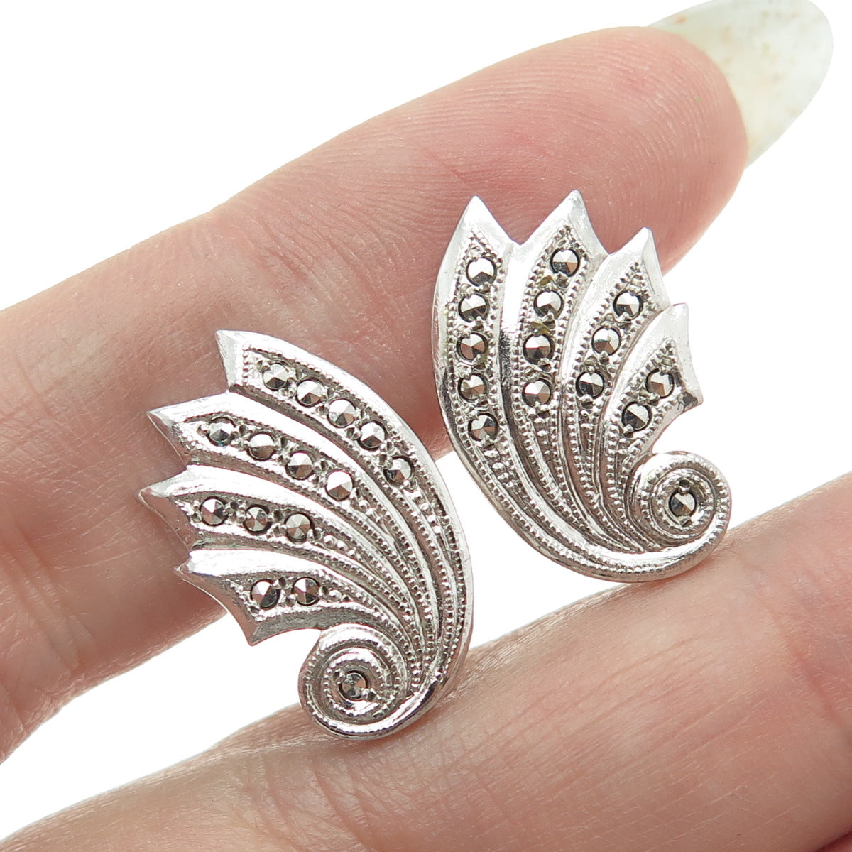 925 Sterling Silver Antique Art Deco Real Marcasite Screw Back Earrings