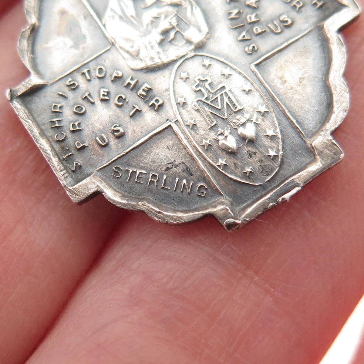 925 Sterling Silver Antique Art Deco 4-Way Religious Medal Double Slide Pendant