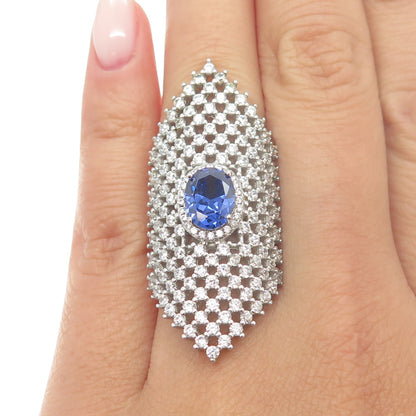 925 Sterling Silver Round & Oval-Cut White Blue C Z Statement Mesh Ring Size 6